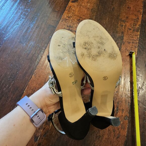 Black Ankle-Strap Stiletto Heels Size 7 Glitter Evening Party Pumps - Picture 4 of 6